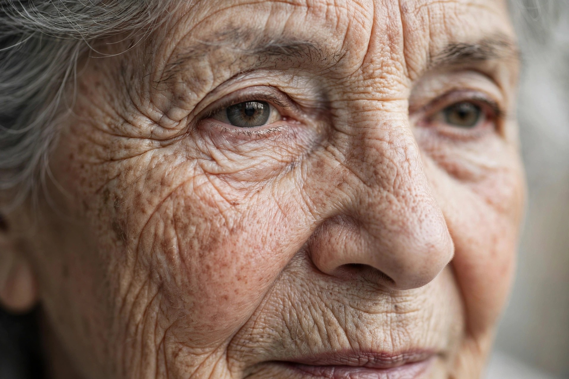 Ejemplo visual: Encuadre — primer plano de una anciana con arrugas marcadas