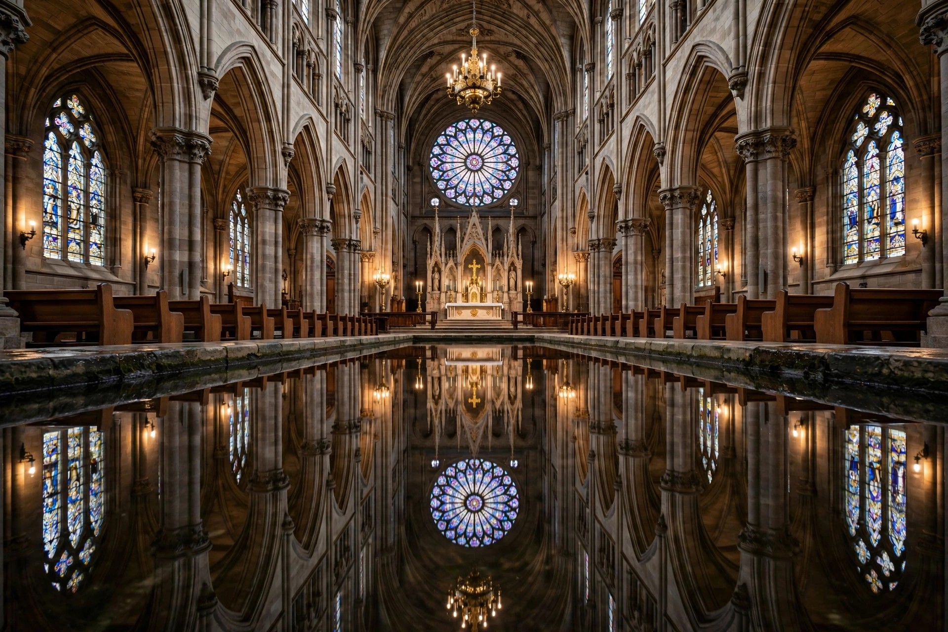 Ejemplo visual: Simetría — catedral con espejo de agua