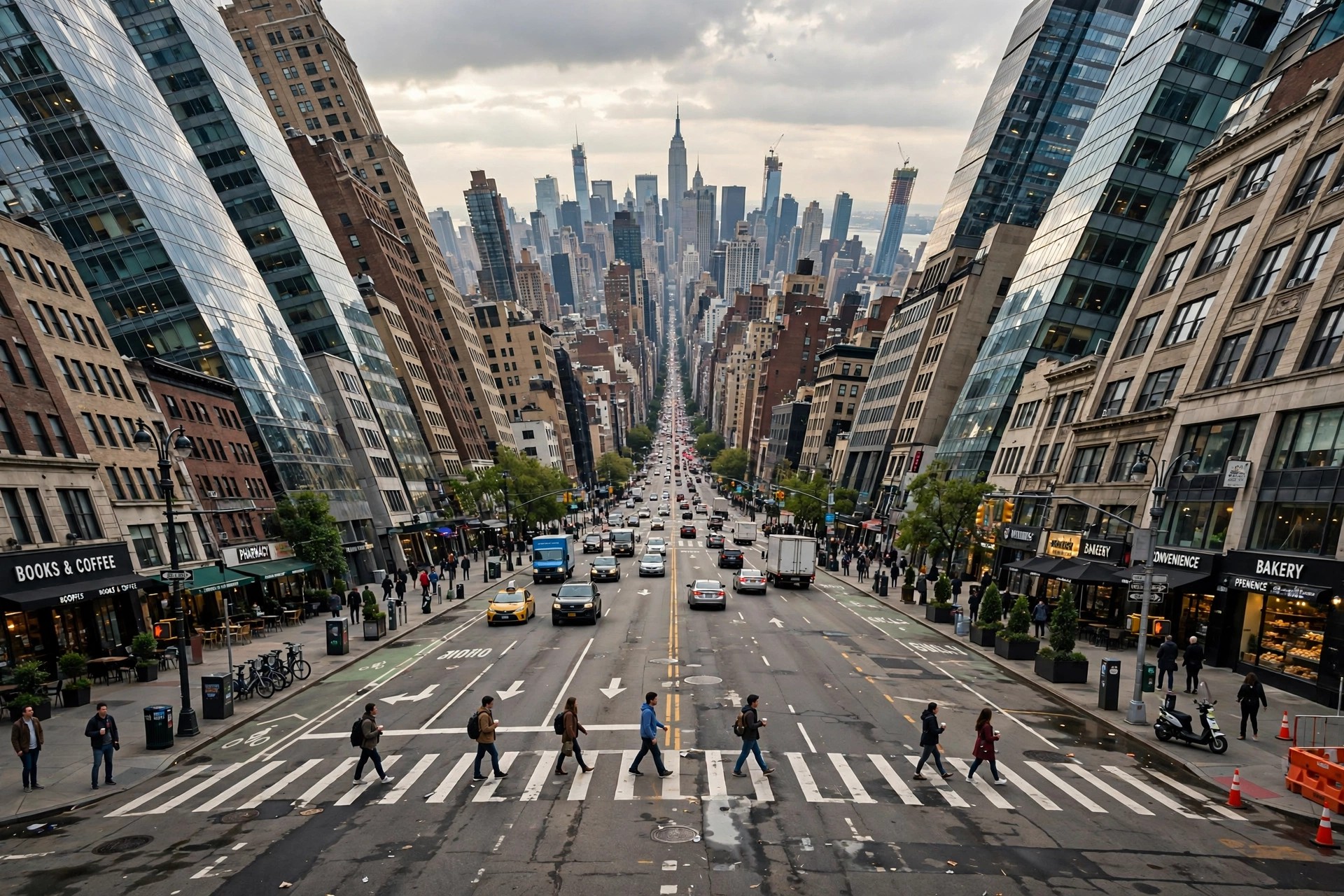 Ejemplo visual: Distancia focal — gran angular sobre una avenida urbana