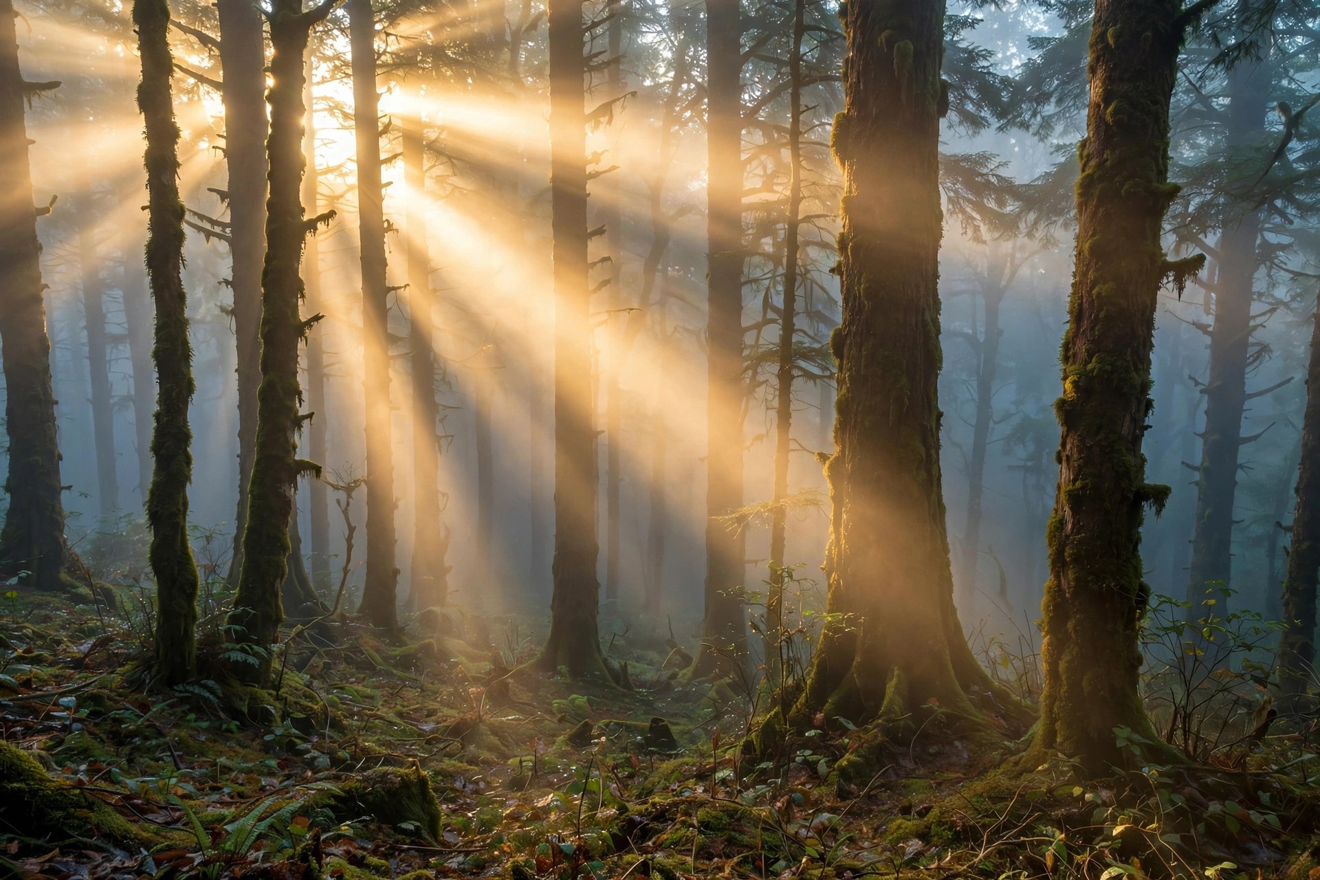 Ejemplo visual: Luz volumétrica — rayos de sol atravesando la niebla del bosque
