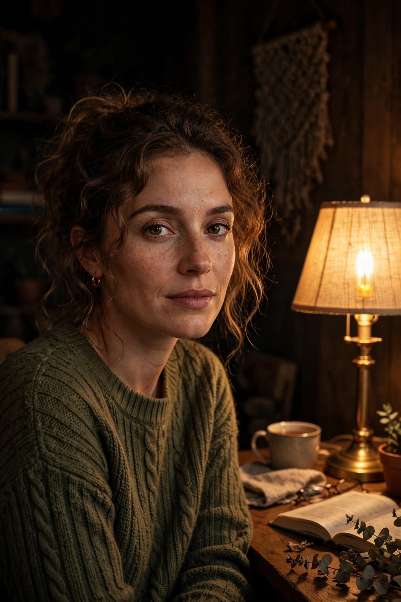 Ejemplo visual: Luz práctica — retrato iluminado por una lámpara de mesa