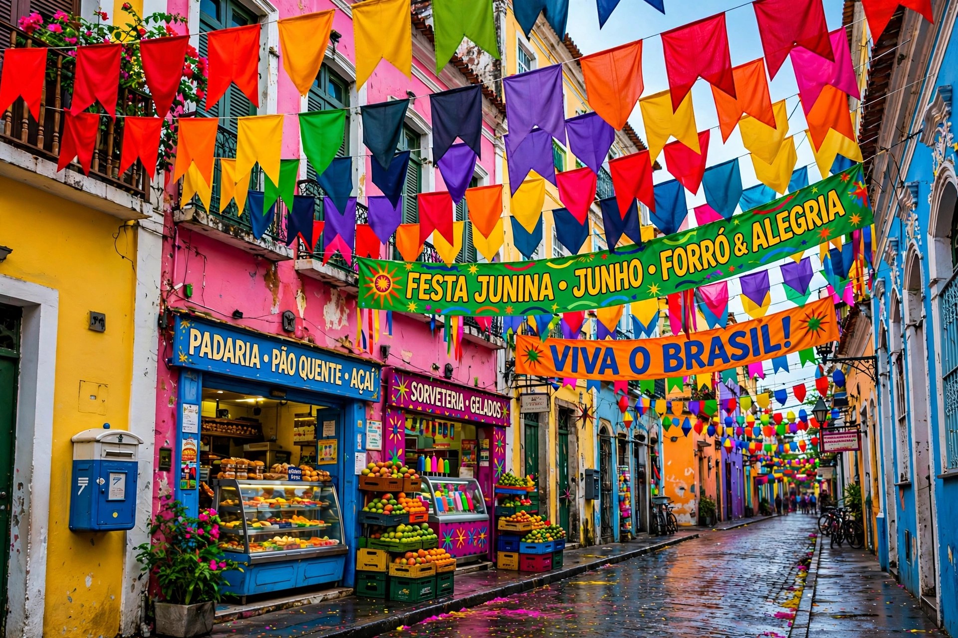 Ejemplo visual: Saturación — banderas y colores muy vívidos en una calle festiva