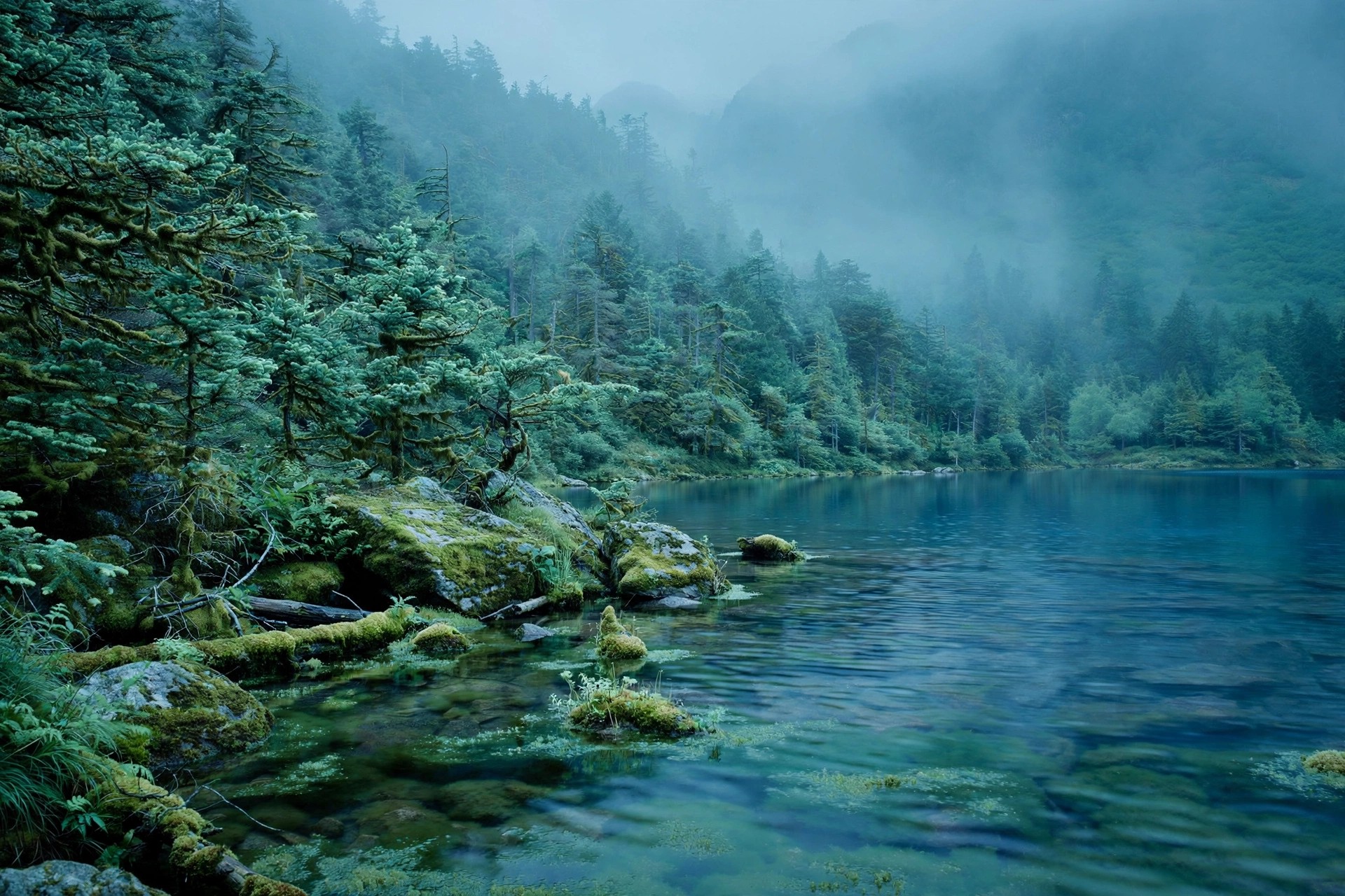 Ejemplo visual: Armonía cromática — paisaje neblinoso en tonos azules y verdes análogos