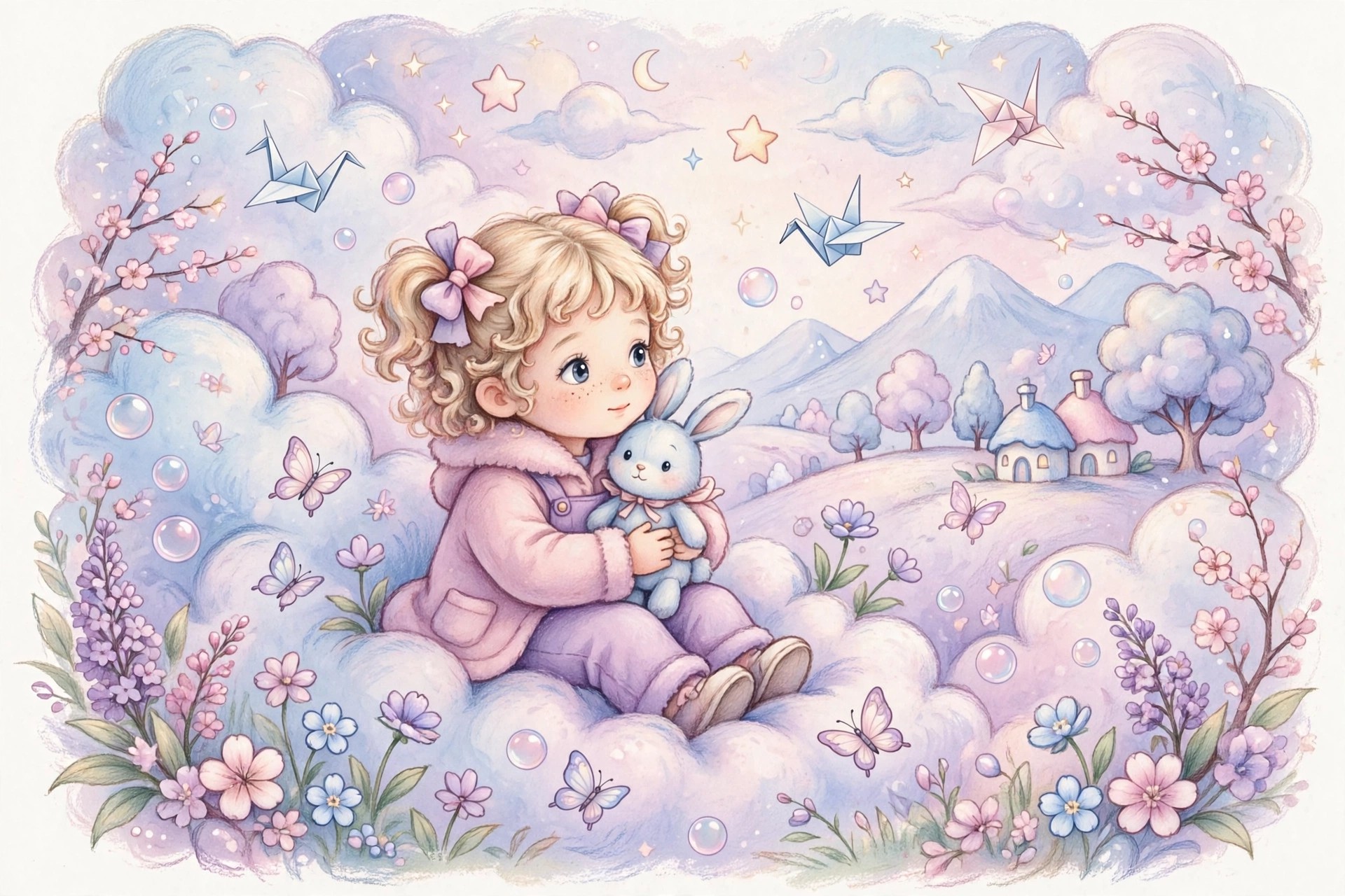 Ejemplo visual: Paleta de colores — ilustración pastel de tono infantil y onírico