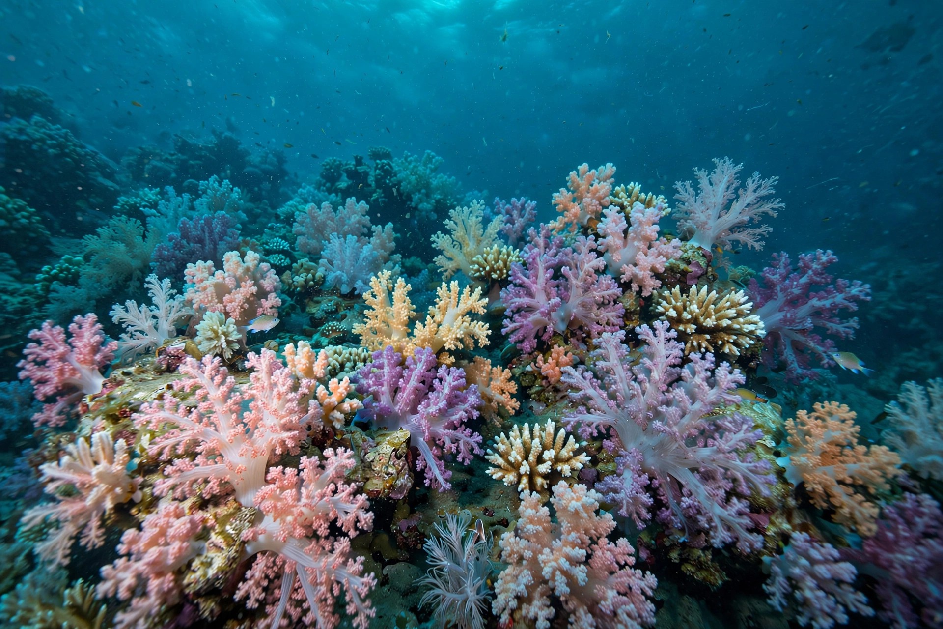 Ejemplo visual: Color dominante — arrecife de coral con tonos verde-azulados
