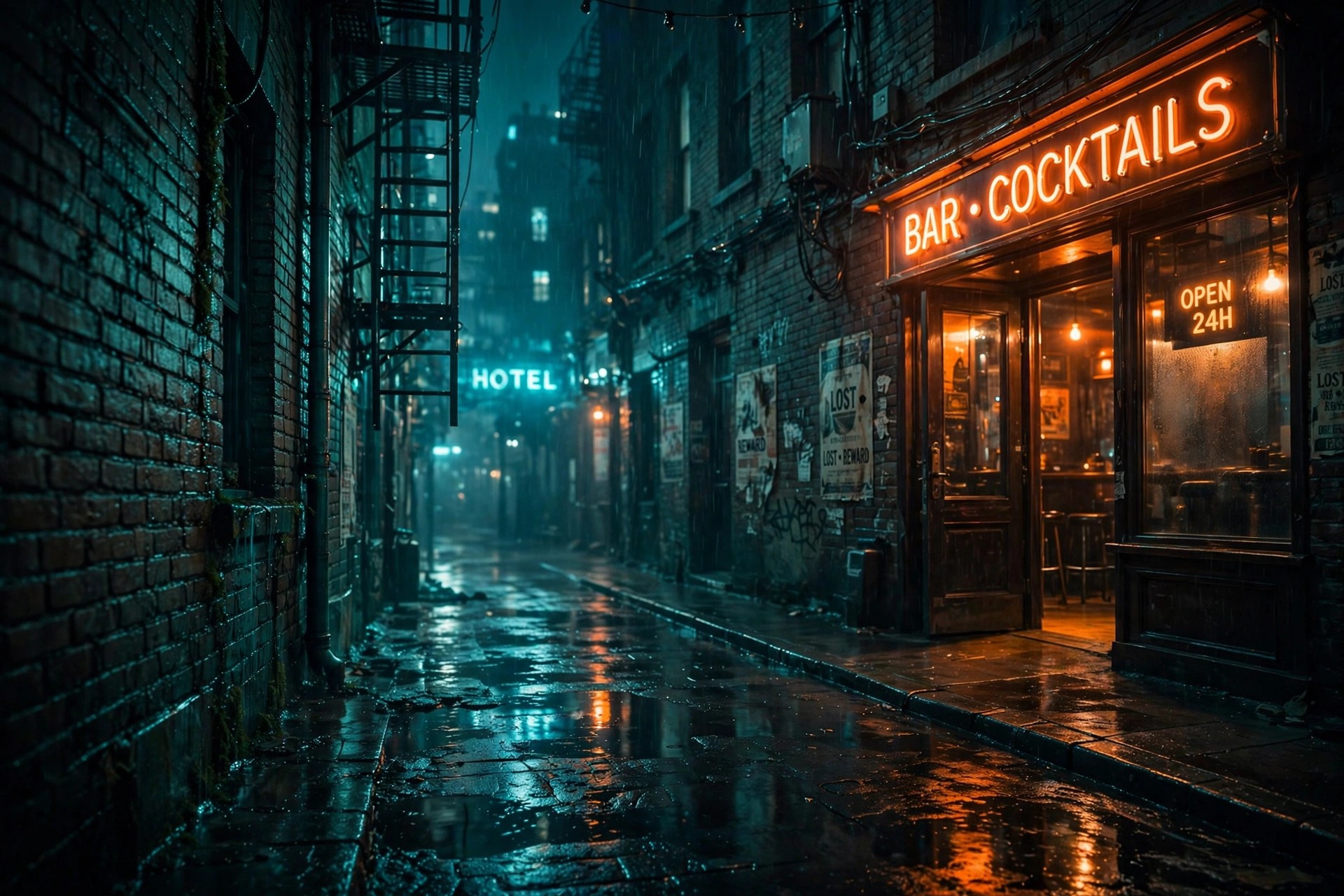 Ejemplo visual: Gradación de color — callejón nocturno con gradación cian y naranja