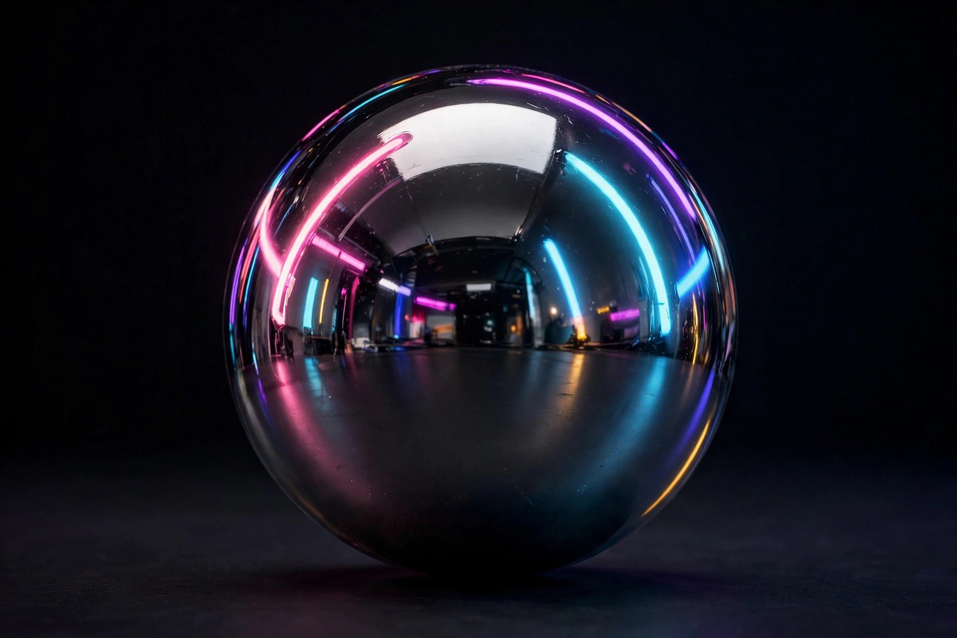 Ejemplo visual: Metal — esfera cromada con reflejos de luces de neón