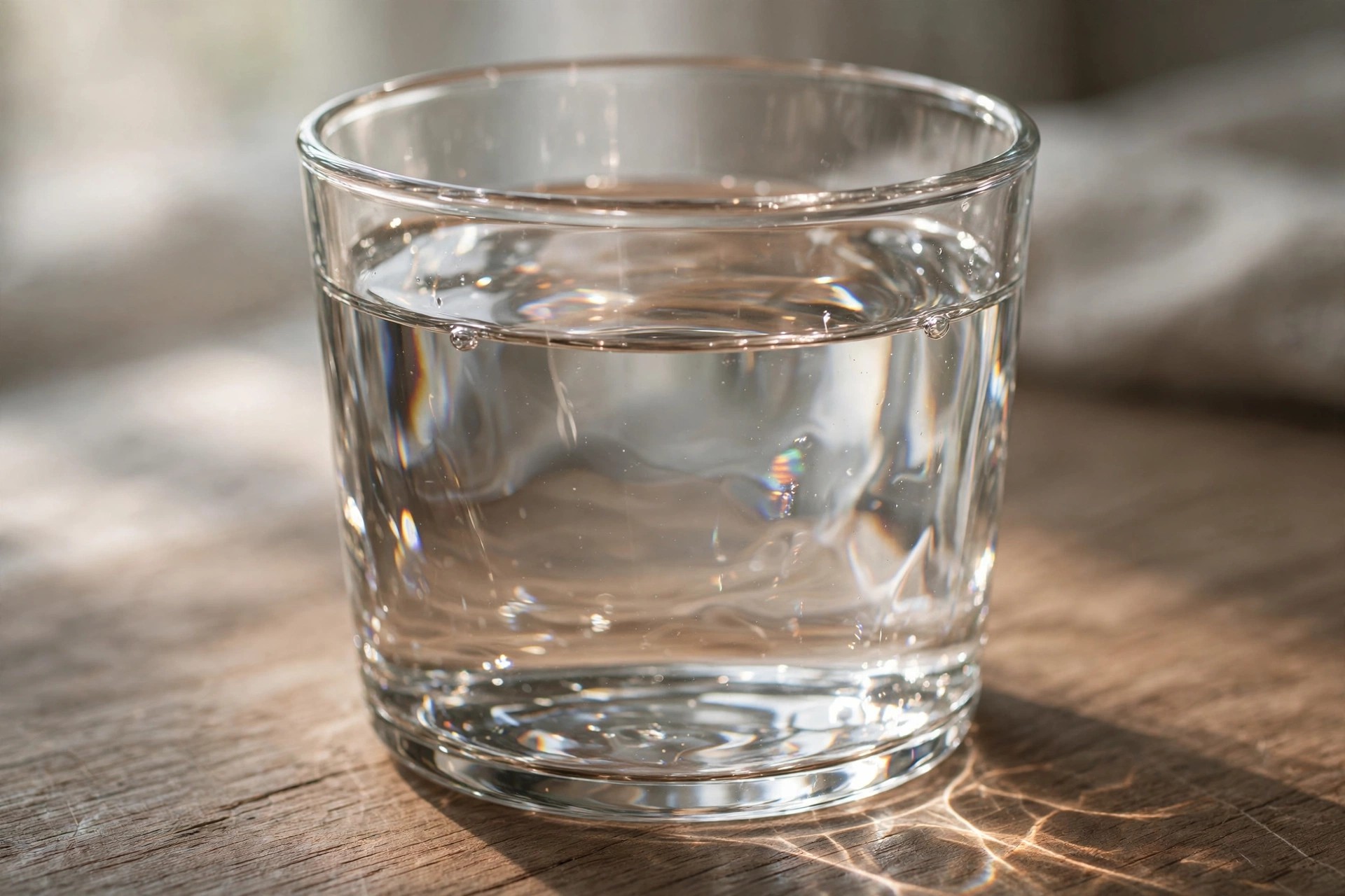 Ejemplo visual: Vidrio — vaso transparente con agua y reflejos de luz
