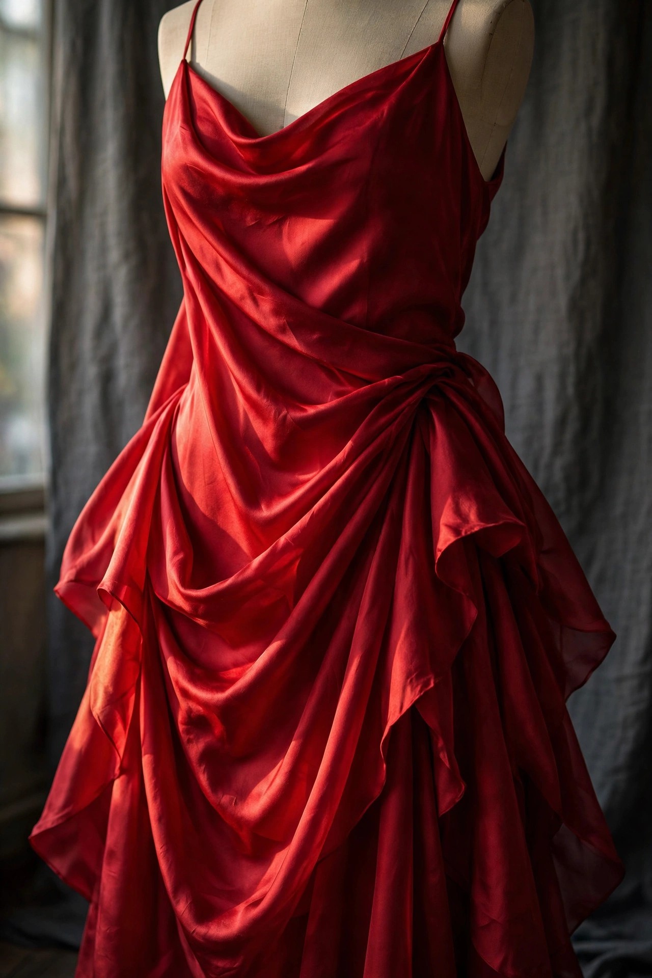 Ejemplo visual: Tela — vestido de seda roja con pliegues suaves