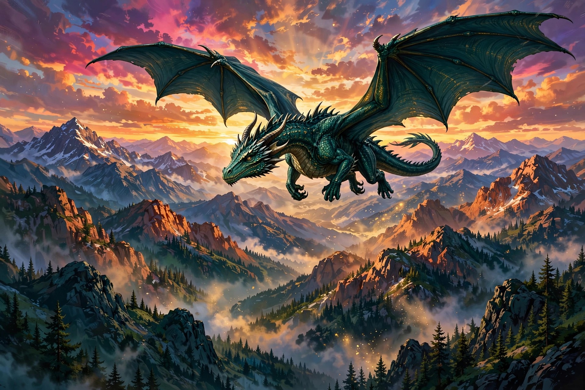 Ejemplo visual: Ilustración — dragón fantástico sobrevolando montañas