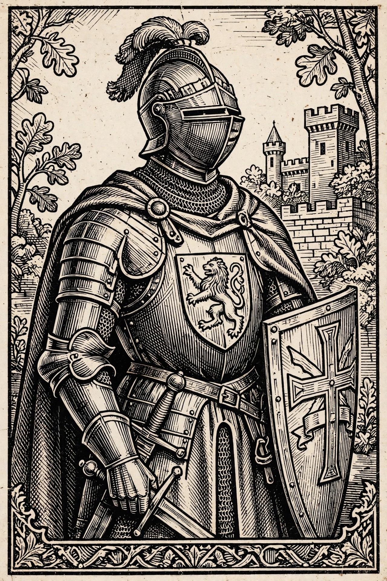 Ejemplo visual: Grabado — caballero medieval estilo xilografía