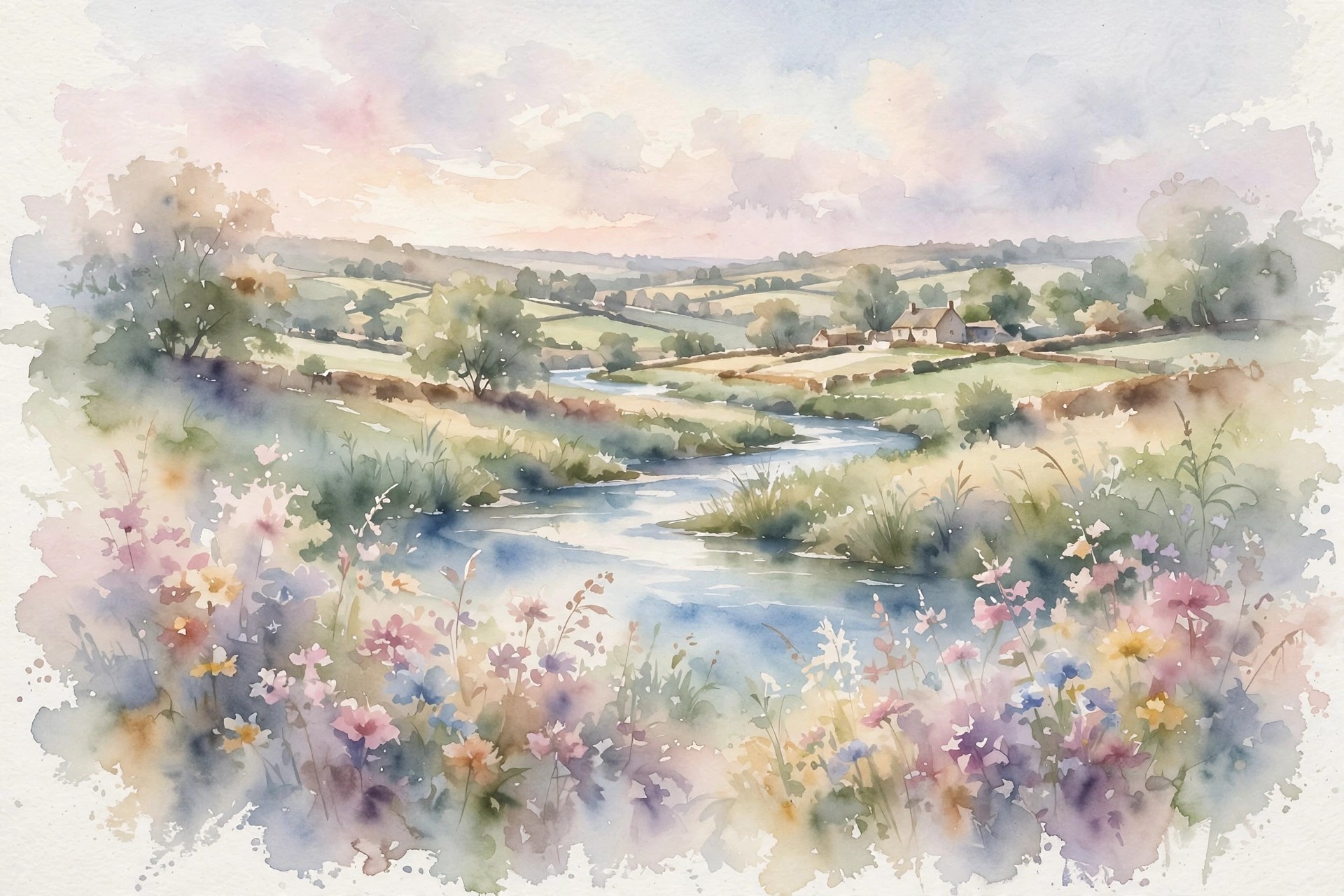 Ejemplo visual: Acuarela — paisaje campestre en tonos pastel difuminados