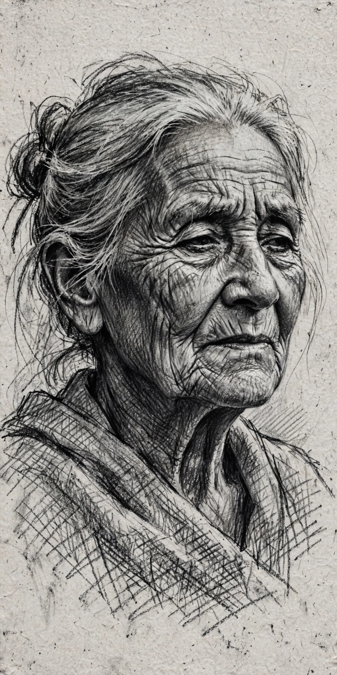 Ejemplo visual: Carboncillo — boceto de un rostro anciano en trazos grises
