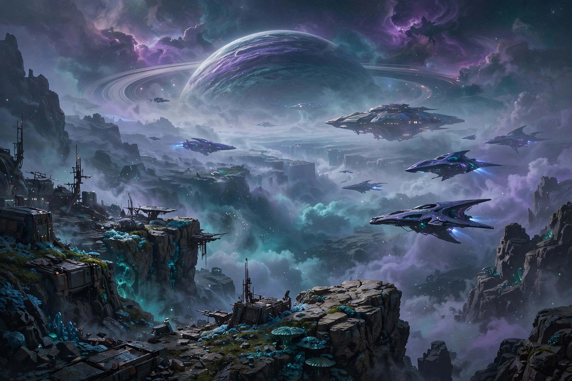 Ejemplo visual: Concept Art — paisaje espacial cinematográfico con naves futuristas