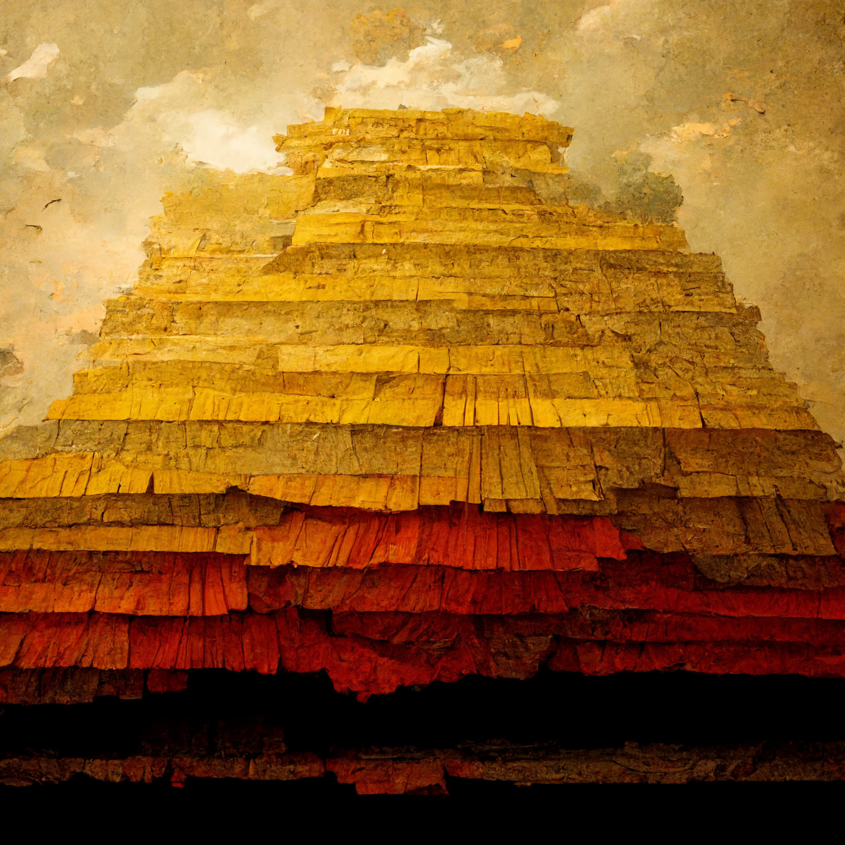 Formación geológica imposible generada por IA — capas de roca en amarillo ocre y rojo carmesí que ascienden hacia un cielo nublado
